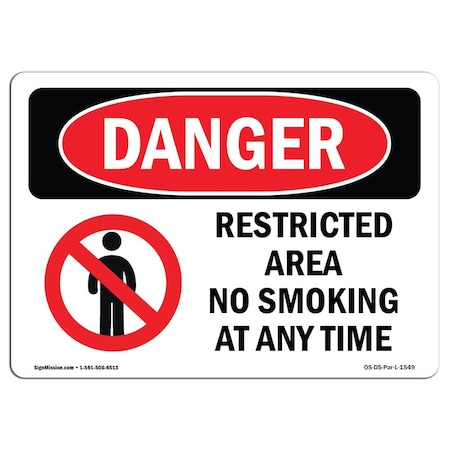 Signmission OSHA Danger, Restricted Area No Smoking Any Time, 18in X 12in Rigid Plastic, 12" W, 18" L, Landscape OS-DS-P-1218-L-1549